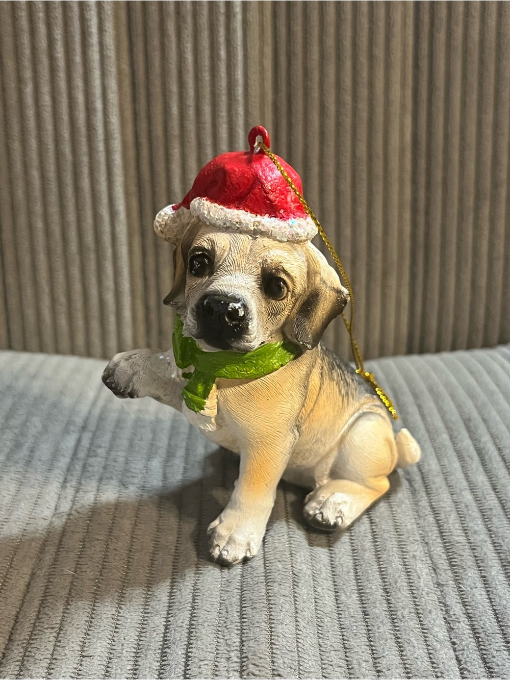 Rustic Hand-Painted Christmas Ornament Dog with Santa Hat